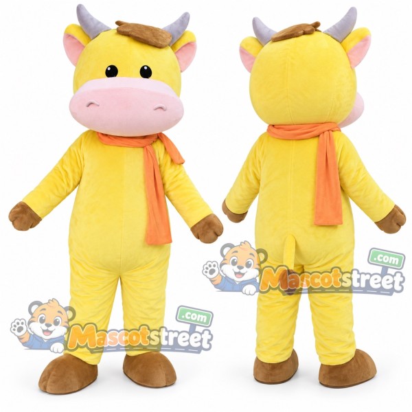 Yellow Cow Mascot Costume with Orange Scarf