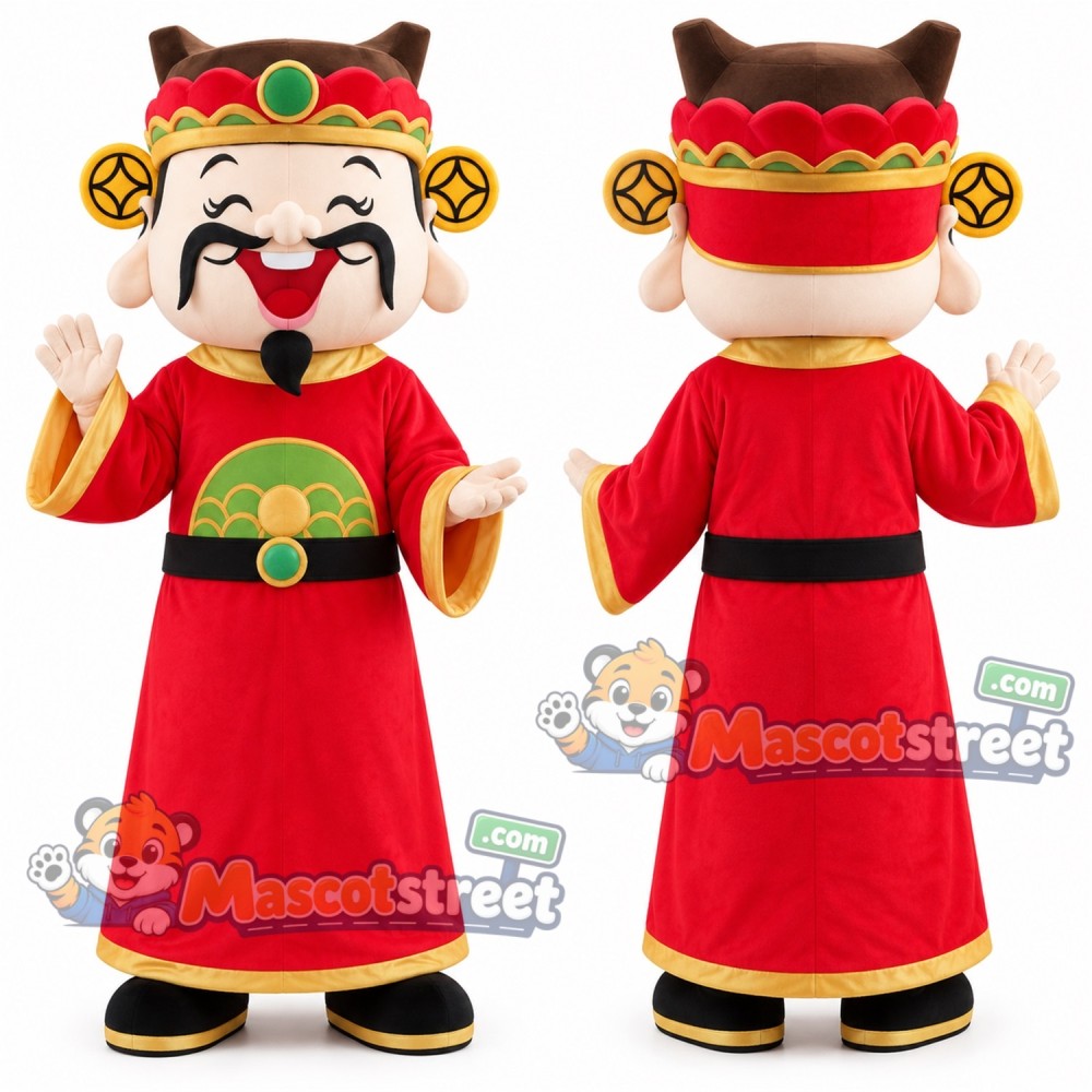 God of Fortune Mascot Costume with Red Robe and Brown Hat God of Fortune Mascot Costume with Red Robe and Brown Hat