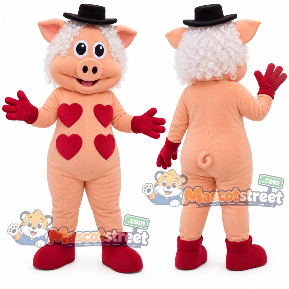 Pink Pig Mascot Costume with Black Hat Pink Pig Mascot Costume with Black Hat