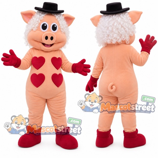 Pink Pig Mascot Costume with Black Hat