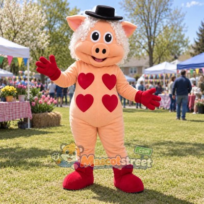 Pink Pig Mascot Costume with Black Hat Pink Pig Mascot Costume with Black Hat