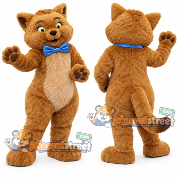 Brown Cat Mascot Costume with Blue Bow Tie