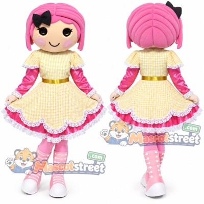 Pink Haired Doll Mascot Costume with Yellow Dress Pink Haired Doll Mascot Costume with Yellow Dress