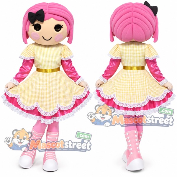 Pink Haired Doll Mascot Costume with Yellow Dress
