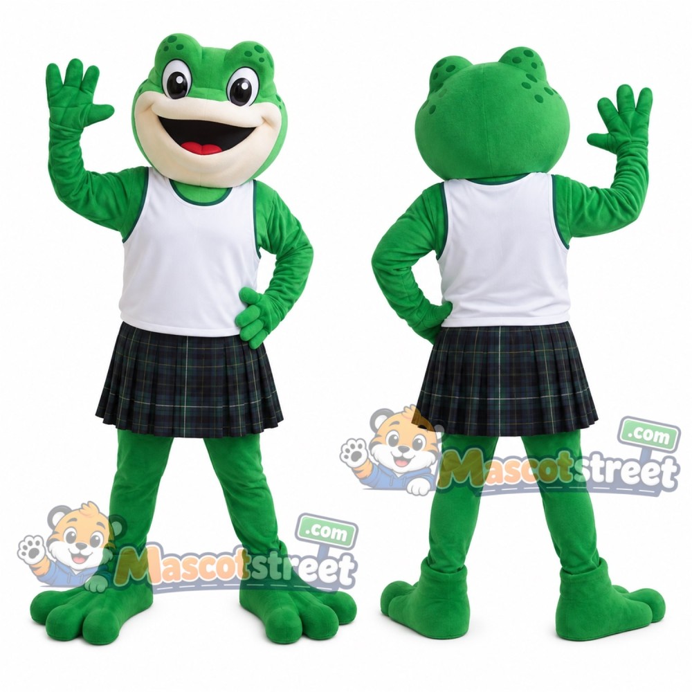 Green Frog Mascot Costume with White Shirt and Plaid Skirt Green Frog Mascot Costume with White Shirt and Plaid Skirt