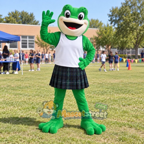 Green Frog Mascot Costume with White Shirt and Plaid Skirt Green Frog Mascot Costume with White Shirt and Plaid Skirt
