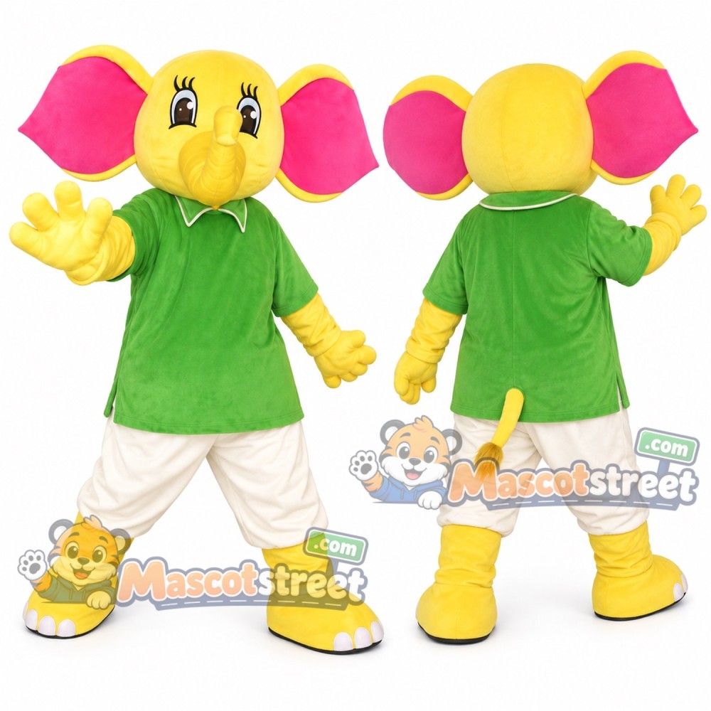 Yellow Elephant Mascot Costume with Green Shirt and White Trousers Yellow Elephant Mascot Costume with Green Shirt and White Trousers