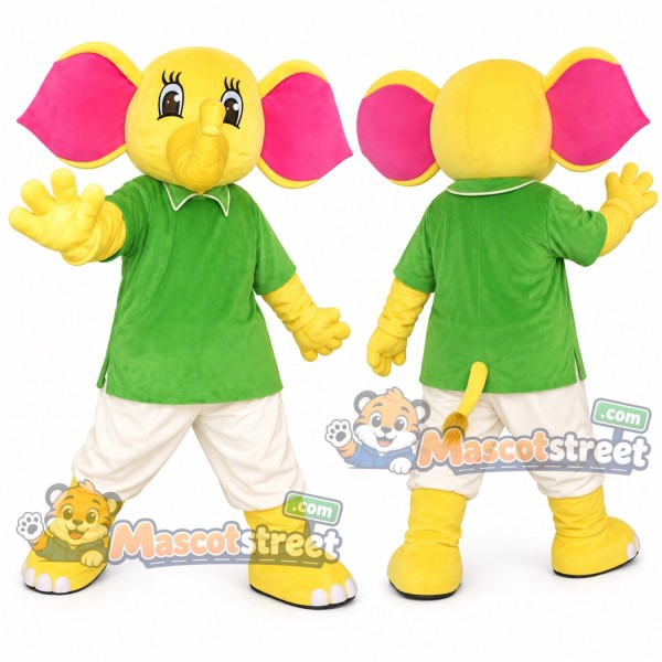 Yellow Elephant Mascot Costume with Green Shirt and White Trousers