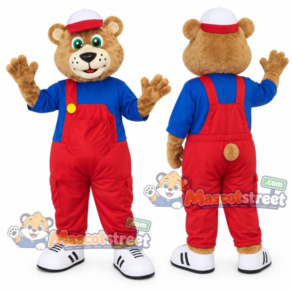 Brown Bear Mascot Costume with Blue Shirt, Red Overalls and White Cap