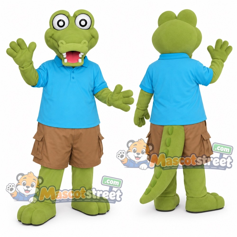 Green Crocodile Mascot Costume with Blue Shirt and Tan Shorts