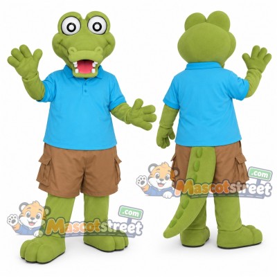 Green Crocodile Mascot Costume with Blue Shirt and Tan Shorts