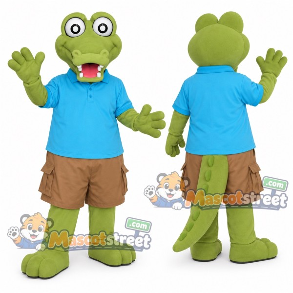Green Crocodile Mascot Costume with Blue Shirt and Tan Shorts