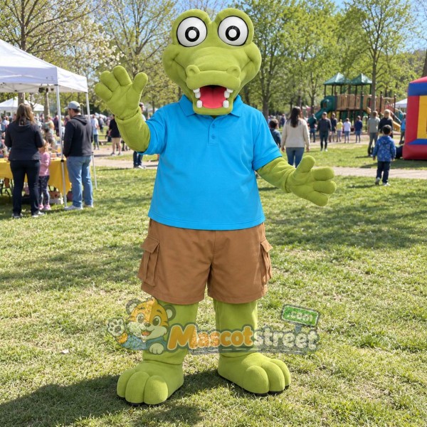 Green Crocodile Mascot Costume with Blue Shirt and Tan Shorts Green Crocodile Mascot Costume with Blue Shirt and Tan Shorts