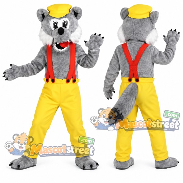 Gray Wolf Mascot Costume with Yellow Trousers, Red Suspenders and Yellow Cap