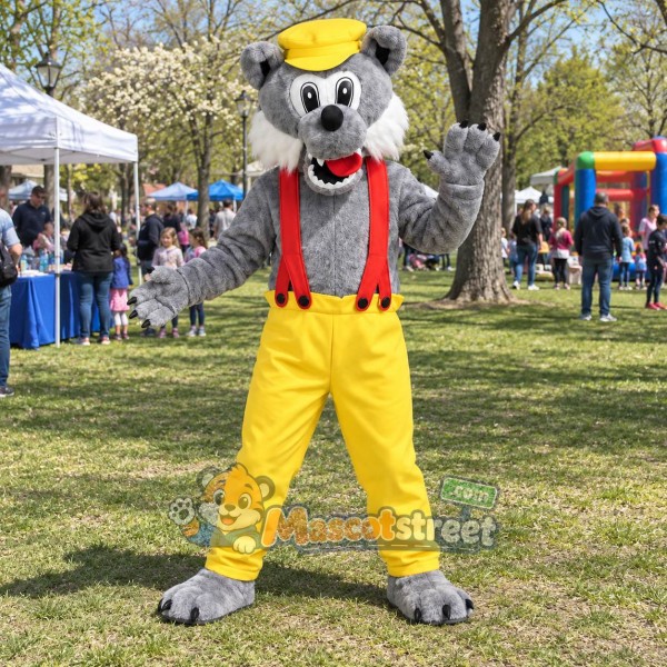 Gray Wolf Mascot Costume with Yellow Trousers, Red Suspenders and Yellow Cap Gray Wolf Mascot Costume with Yellow Trousers, Red Suspenders and Yellow Cap
