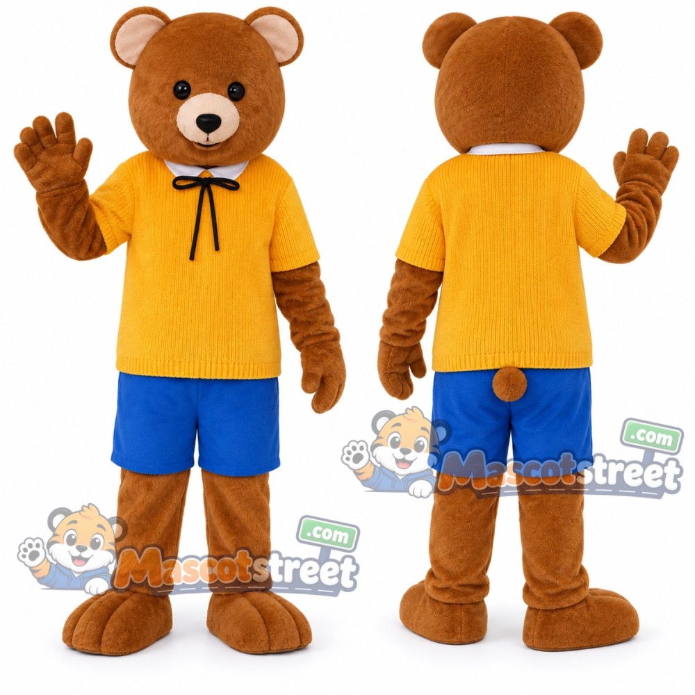 Brown Bear Mascot Costume with Yellow Shirt and Blue Shorts