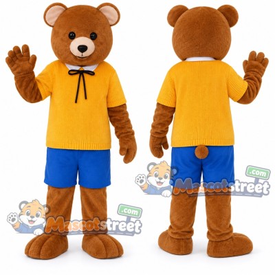 Brown Bear Mascot Costume with Yellow Shirt and Blue Shorts