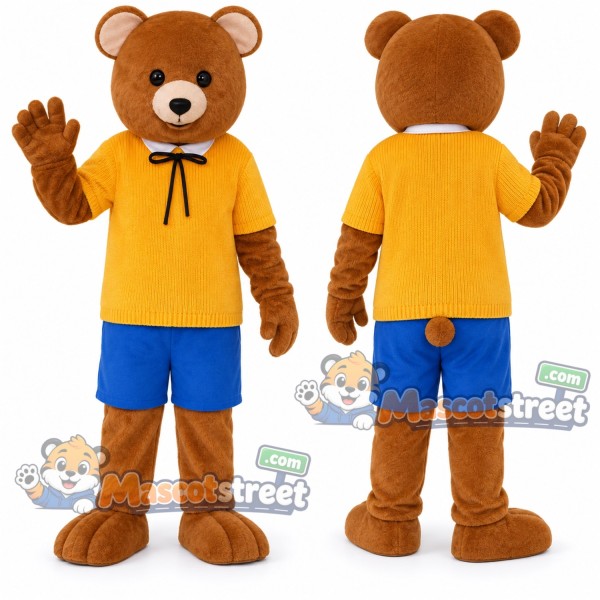 Brown Bear Mascot Costume with Yellow Shirt and Blue Shorts