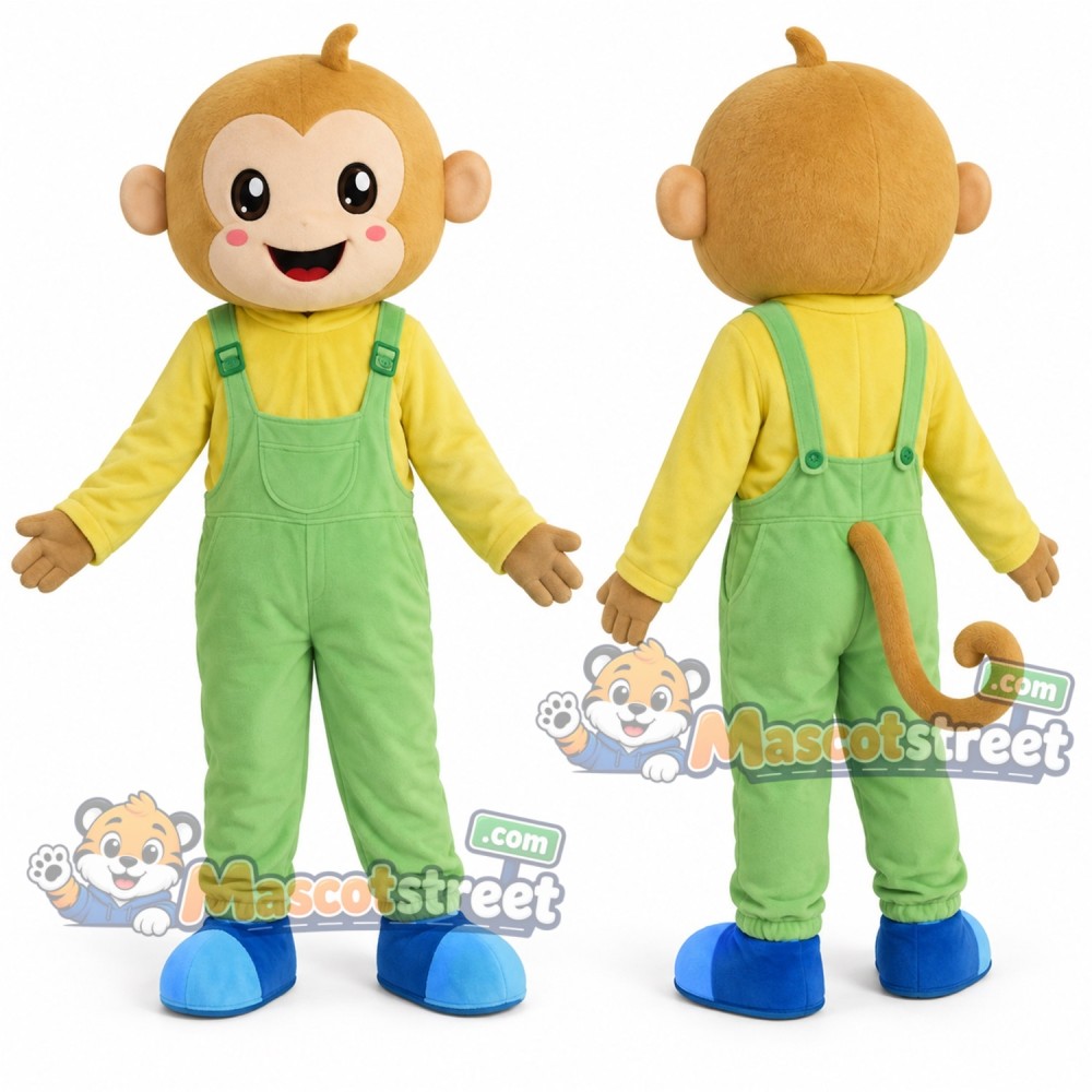 Brown Monkey Mascot Costume with Yellow Shirt and Green Overalls Brown Monkey Mascot Costume with Yellow Shirt and Green Overalls