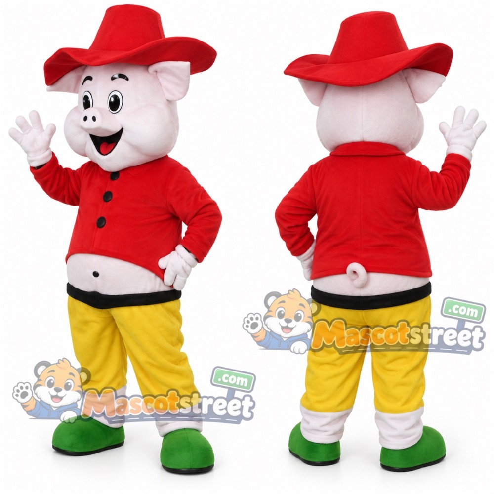 White Pig Mascot Costume with Red Shirt, Yellow Trousers and Red Hat