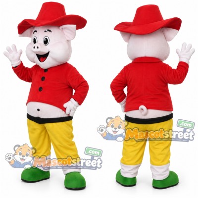 White Pig Mascot Costume with Red Shirt, Yellow Trousers and Red Hat