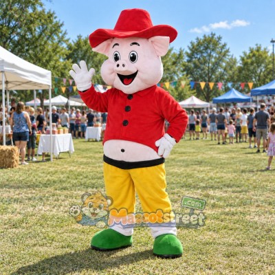 White Pig Mascot Costume with Red Shirt, Yellow Trousers and Red Hat White Pig Mascot Costume with Red Shirt, Yellow Trousers and Red Hat