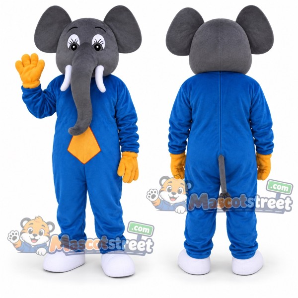 Gray Elephant Mascot Costume with Blue Suit and Yellow Tie