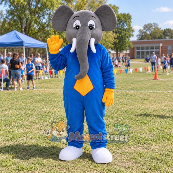 Gray Elephant Mascot Costume with Blue Suit and Yellow Tie