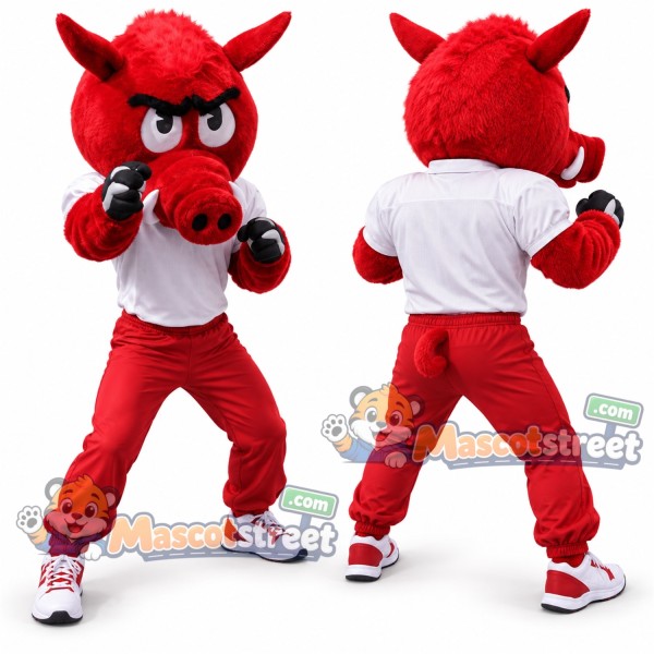 Red Boar Mascot Costume with White Shirt and Red Trousers