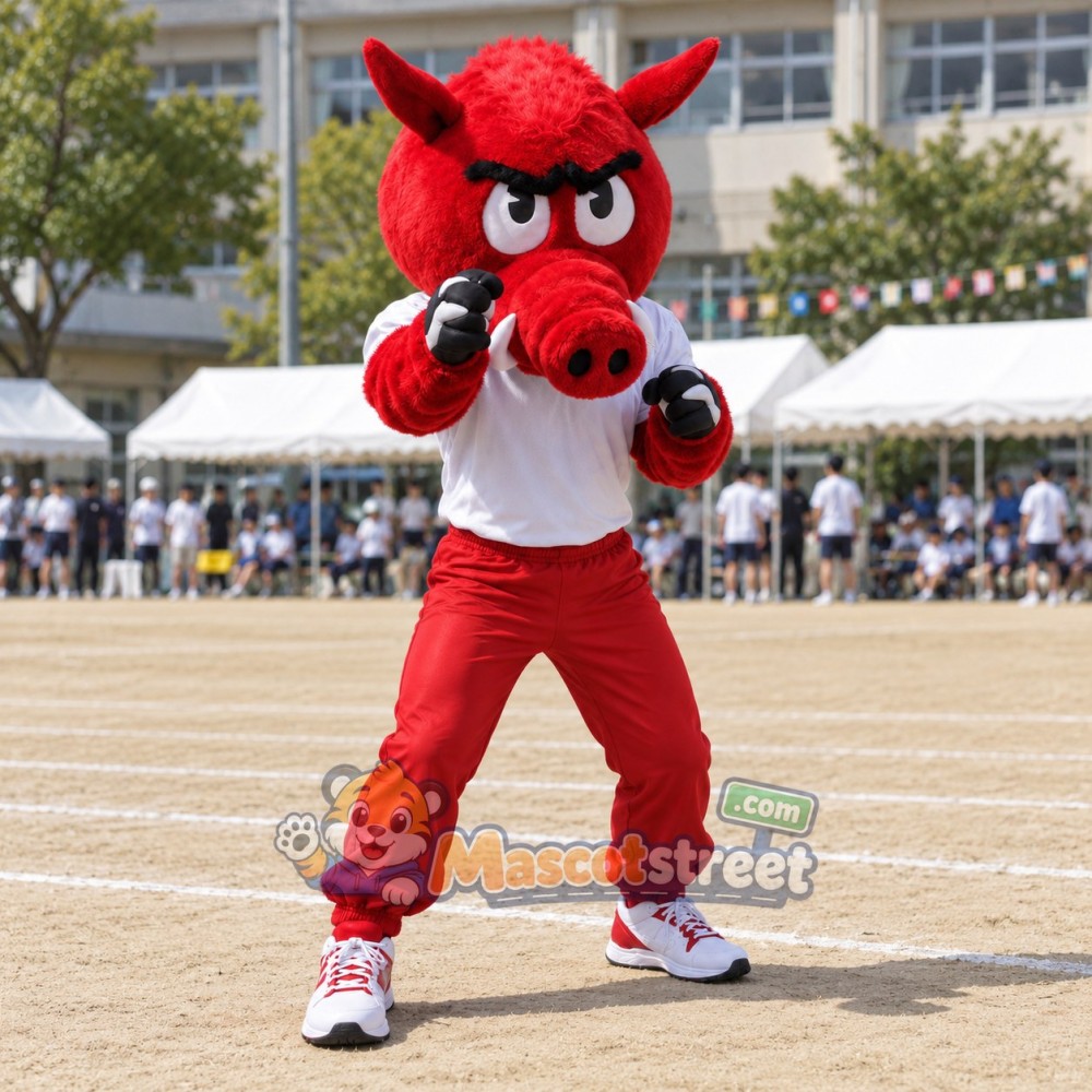 Red Boar Mascot Costume with White Shirt and Red Trousers