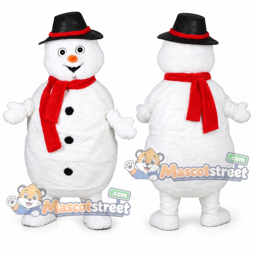 Snowman Mascot Costume with Black Hat and Red Scarf Snowman Mascot Costume with Black Hat and Red Scarf
