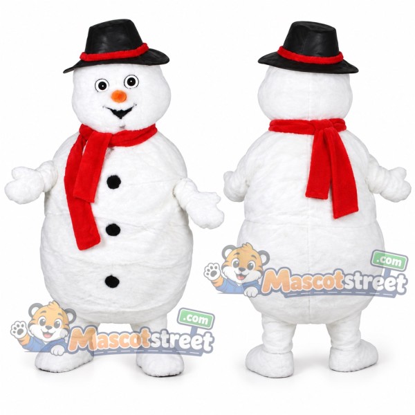 Snowman Mascot Costume with Black Hat and Red Scarf