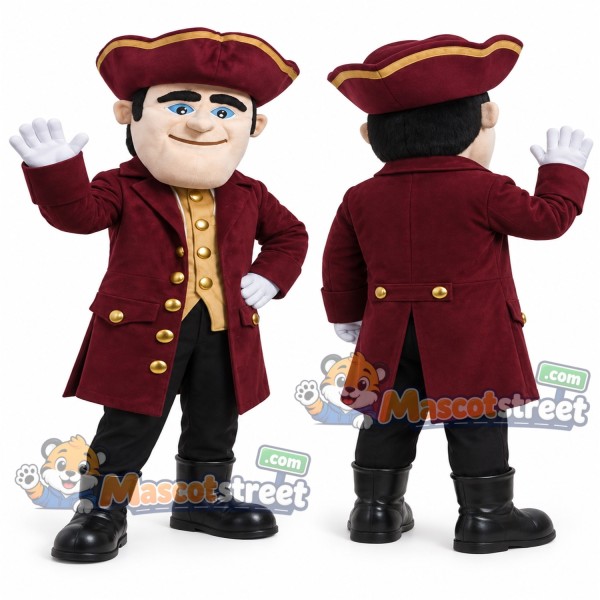 Pirate Mascot Costume with Burgundy Coat and Tricorn Hat