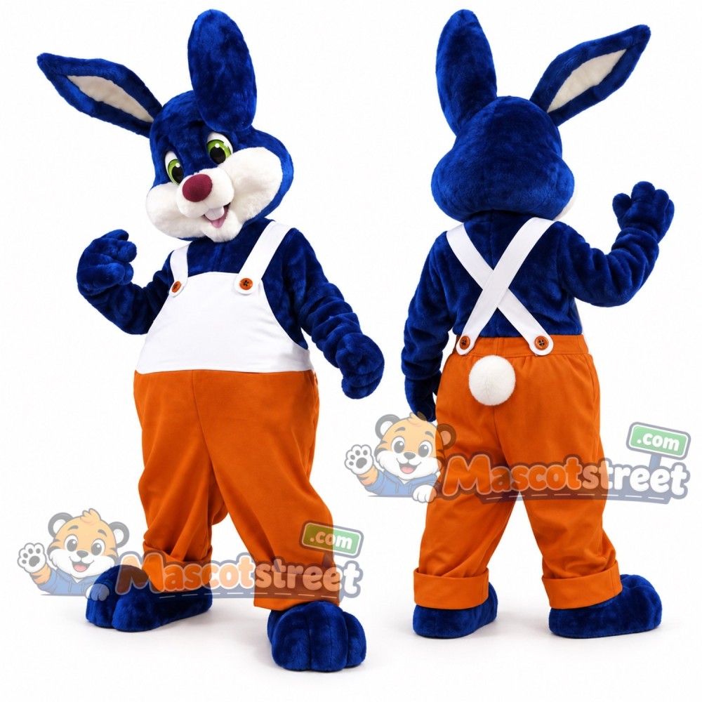 Blue Rabbit Mascot Costume with Orange Overalls Blue Rabbit Mascot Costume with Orange Overalls