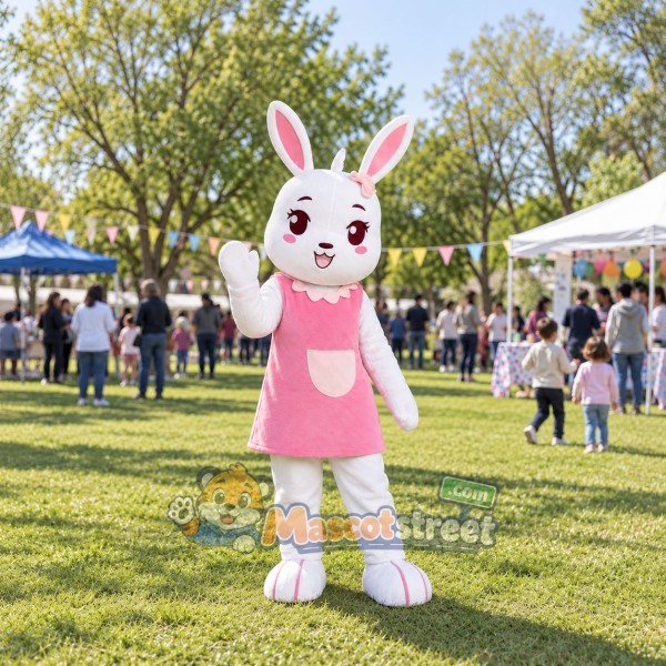 White Rabbit Mascot Costume with Pink Dress