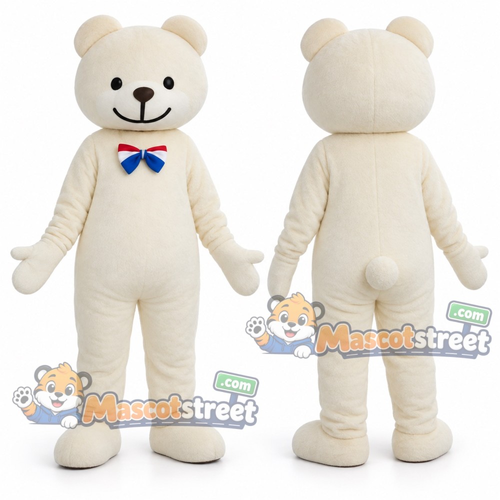 Cream Bear Mascot Costume with Blue Bow Tie