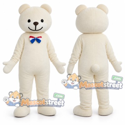 Cream Bear Mascot Costume with Blue Bow Tie