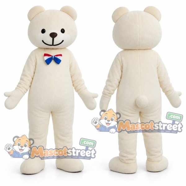 Cream Bear Mascot Costume with Blue Bow Tie