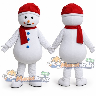 Snowman Mascot Costume with Red Scarf and Santa Hat