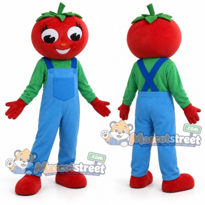 Tomato Mascot Costume with Blue Overalls and Green Shirt Tomato Mascot Costume with Blue Overalls and Green Shirt