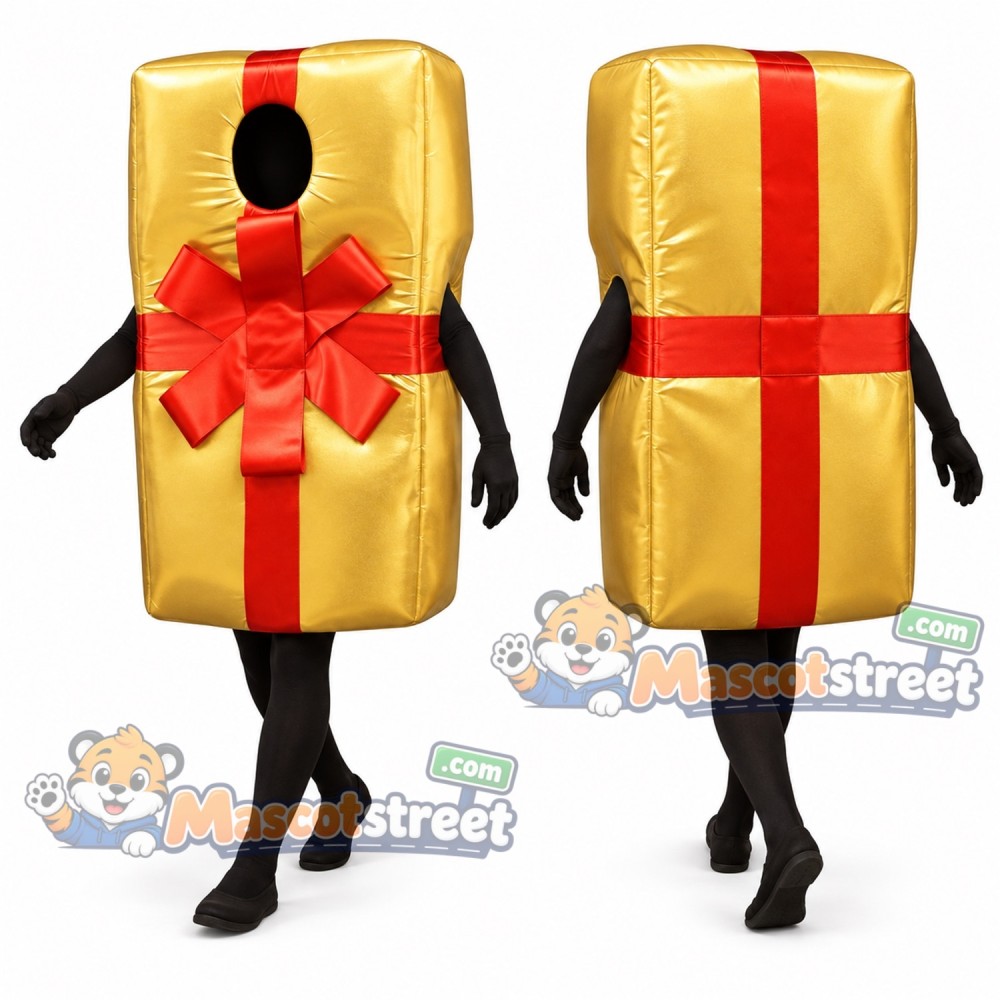 Gold Gift Box Mascot Costume Gold Gift Box Mascot Costume