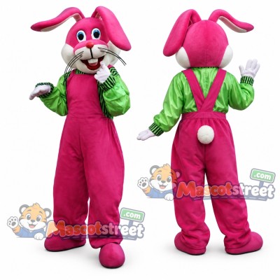 Pink Rabbit Mascot Costume with Green Shirt and Pink Overalls