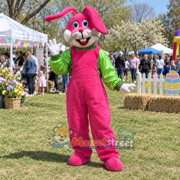 Pink Rabbit Mascot Costume with Green Shirt and Pink Overalls