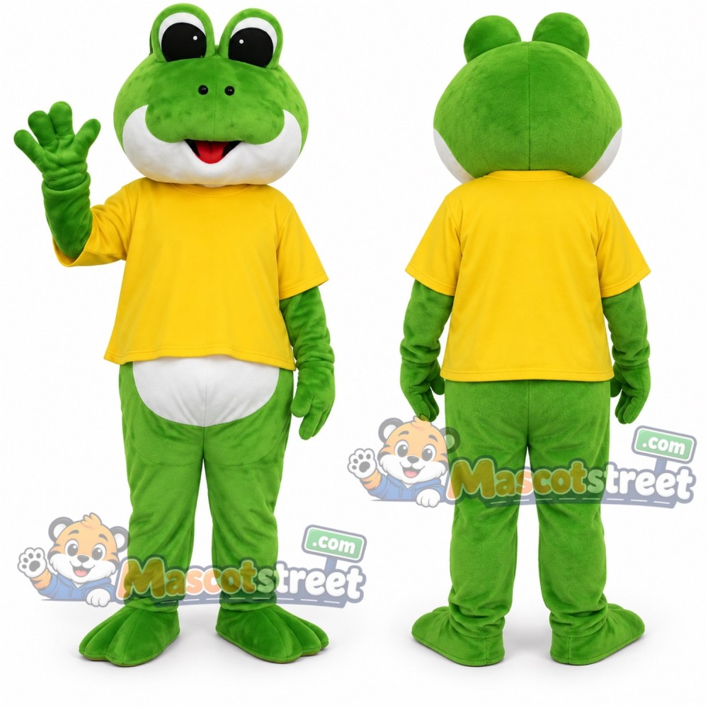 Green Frog Mascot Costume with Yellow Shirt Green Frog Mascot Costume with Yellow Shirt