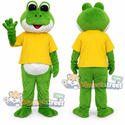 Green Frog Mascot Costume with Yellow Shirt Green Frog Mascot Costume with Yellow Shirt