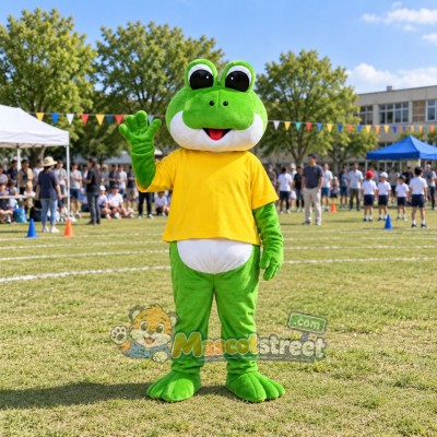 Green Frog Mascot Costume with Yellow Shirt Green Frog Mascot Costume with Yellow Shirt