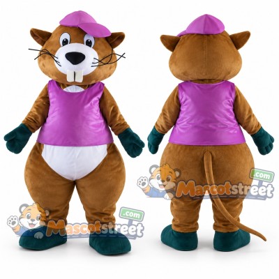 Brown Mouse Mascot Costume with Purple Shirt and Purple Cap