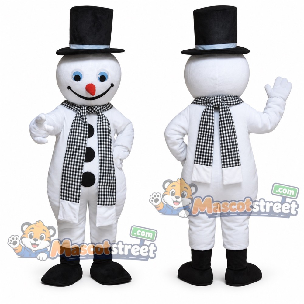 Snowman Mascot Costume with Black Hat and Gray Scarf Snowman Mascot Costume with Black Hat and Gray Scarf
