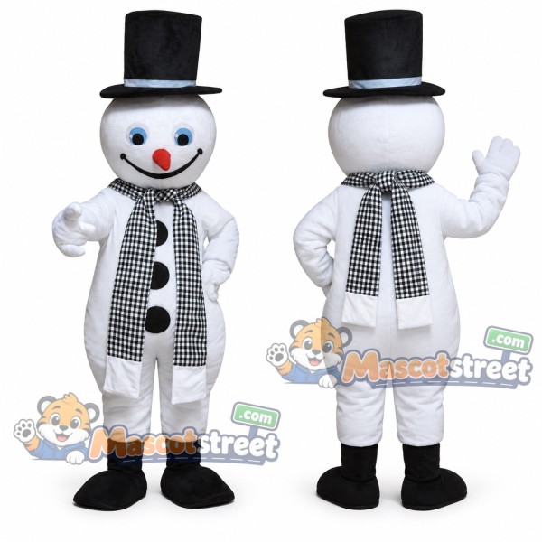 Snowman Mascot Costume with Black Hat and Gray Scarf