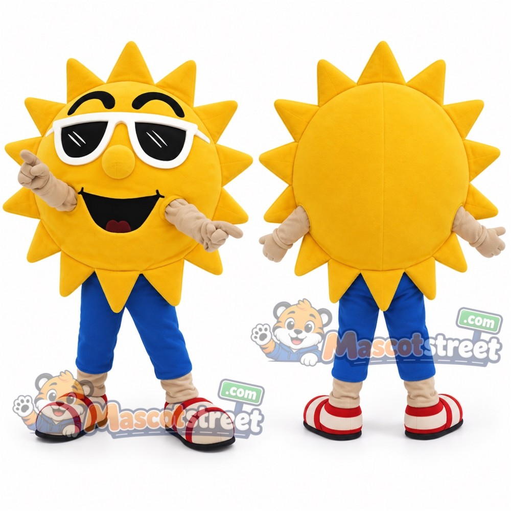 Sun Mascot Costume with Sunglasses and Blue Trousers Sun Mascot Costume with Sunglasses and Blue Trousers